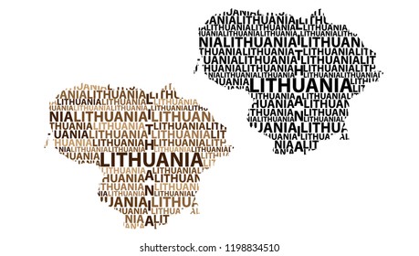 Sketch Lithuania letter text map, Republic of Lithuania - in the shape of the continent, Map Lithuania - brown and black vector illustration