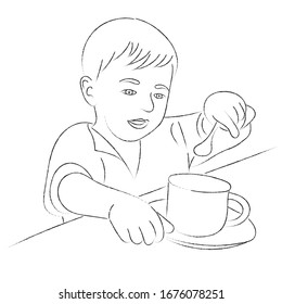 A sketch of a little boy is drinking tea, portrait of a kid with a cup and spoon in hand