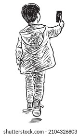 Sketch of little boy walking outdoor and looking at smartphone