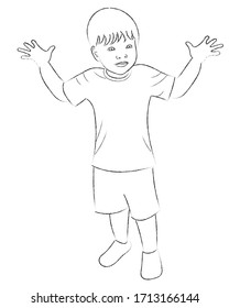 A sketch of a little boy who is standing with his hands up