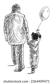 Sketch of little girl with air balloon and her grandfather strolling together