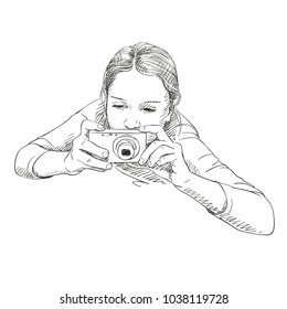 Sketch of little girl with compact photo camera view from above, Hand drawn illustration