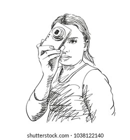 Sketch of little girl with compact photo camera, Hand drawn illustration