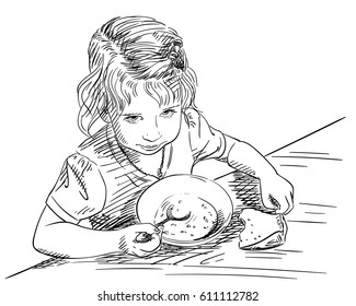 Sketch of little girl eats from deep plate and looking upwards, Hand drawn vector illustration, Black lines on white