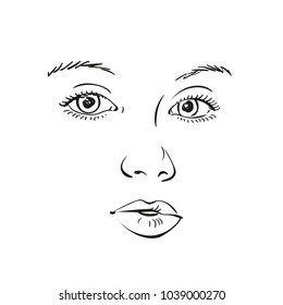 Sketch of little girl face with big eyes, Vector sketch close up, Hand drawn illustration