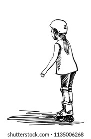Sketch of little girl learning to skate on rollers, Hand drawn vector illustration isolated on white background