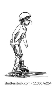 Sketch of little girl learning to skate on rollers, Hand drawn vector illustration isolated on white background