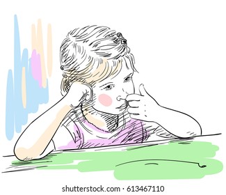 Sketch Of Little Girl Picking Her Nose, Hand Drawn Vector Illustration