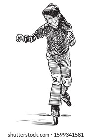 Sketch of little girl skating on rollers