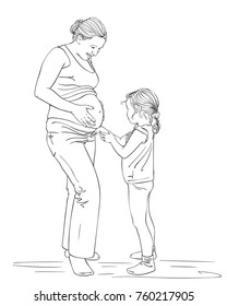 Sketch of little girl touches belly of her pregnant mom, Pregnancy, love, family and people expectation concept, Vector sketch isolated on white background, Line art illustration