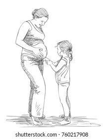 Sketch of little girl touches belly of her pregnant mom, Pregnancy, love, family and people expectation concept, Vector hand drawn illustration with hatched shades