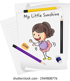 Sketch little kids cartoon character on paper isolated illustration