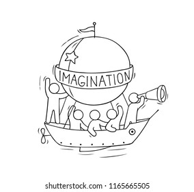 Sketch of little man fly on aerostat. Doodle cute miniature scene about adventure. Hand drawn cartoon vector illustration for vacation design.
