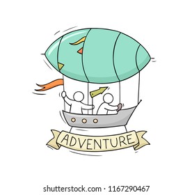 Sketch of little man fly on aerostat. Doodle cute miniature scene about transportation. Hand drawn cartoon vector illustration for vacation design.
