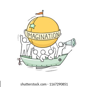 Sketch of little man fly on aerostat. Doodle cute miniature scene about adventure. Hand drawn cartoon vector illustration for vacation design.