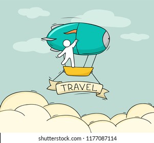 Sketch of little man fly on aerostat. Doodle cute miniature scene about transportation. Hand drawn cartoon vector illustration for vacation design.