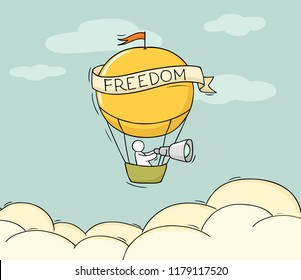 Sketch of little man fly on aerostat. Doodle cute miniature scene about transportation. Hand drawn cartoon vector illustration for vacation design.