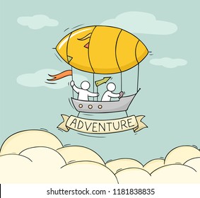 Sketch of little man fly on aerostat. Doodle cute miniature scene about transportation. Hand drawn cartoon vector illustration for vacation design.