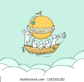 Sketch of little man fly on aerostat. Doodle cute miniature scene about adventure. Hand drawn cartoon vector illustration for vacation design.