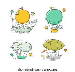 Sketch of little man fly on aerostats. Doodle cute miniature scenes about transportation. Hand drawn cartoon vector illustration for vacation design.