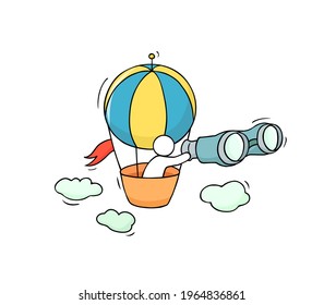 Sketch of little man fly on aerostat, hold binoculars. Doodle cute miniature scene about transportation. Hand drawn cartoon vector illustration for vacation design.