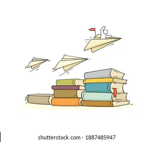 Sketch little man with many books. Doodle cute miniature scene about reading. Hand drawn cartoon vector illustration for education design.