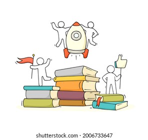 Esbozar a un hombre pequeño con muchos libros. Doodle linda escena en miniatura sobre la lectura. Dibujo manual de ilustraciones vectoriales de dibujos animados para el diseño educativo.