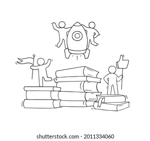 Sketch little man with many books. Doodle cute miniature scene about reading. Hand drawn cartoon vector illustration for education design.