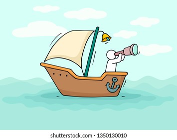 Sketch of little man sail by boat. Doodle cute miniature scene about transportation. Hand drawn cartoon vector illustration for vacation design.