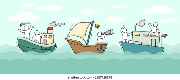 Sketch of little man sail by boat. Doodle cute miniature scene about transportation. Hand drawn cartoon vector illustration for vacation design.