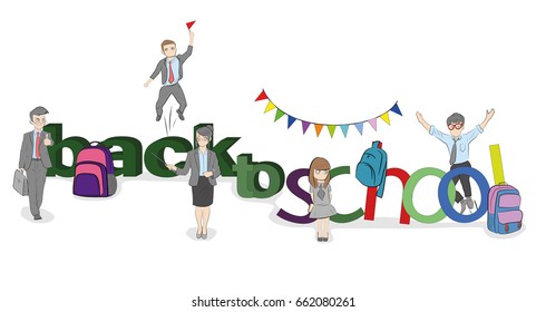 Sketch of little men near the big word "back to school." School subjects. Hand drawn cartoon vector illustration for design and infographics.