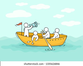 Sketch of little men sail by boat. Doodle cute miniature scene about transportation. Hand drawn cartoon vector illustration for vacation design.