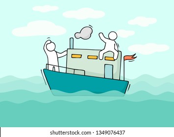 Sketch of little men sail by boat. Doodle cute miniature scene about transportation. Hand drawn cartoon vector illustration for vacation design.