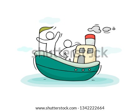 Sketch of little men sail by boat. Doodle cute miniature scene about transportation. Hand drawn cartoon vector illustration for vacation design.