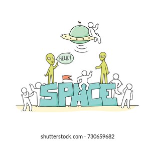 Sketch of little people and aliens with word Space. Doodle cute miniature scene about cosmos. Hand drawn cartoon vector illustration.