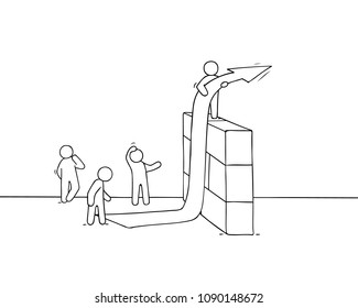 Sketch of little people with bariier. Doodle cartoon scene about overcoming the obstacle. Hand drawn vector illustration for business design.