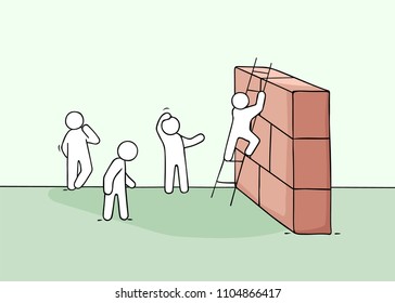 Sketch of little people with bariier. Doodle cartoon scene about overcoming the obstacle. Hand drawn vector illustration for business design.
