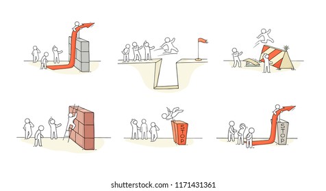 Sketch of little people with bariier. Doodle cartoon scene about overcoming the obstacle. Hand drawn vector illustration for business design.