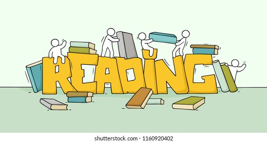 Sketch of little people with big word Reading. Doodle cute miniature scene about books. Hand drawn cartoon vector illustration for education design.