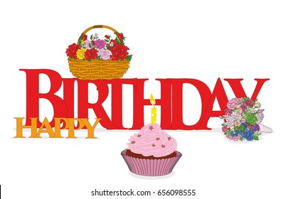 A sketch of little people with a big word "happy birthday". The concept of a holiday. Hand drawn cartoon vector illustration for design and infographics.