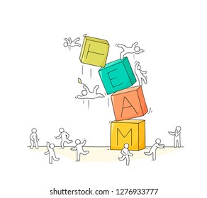 Sketch of little people with broken pyramid. Doodle cute miniature scene of workers about teamwork failure. Hand drawn cartoon vector illustration for business and finance design.