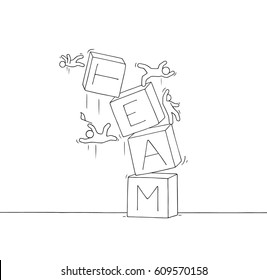 Sketch of little people with broken pyramid. Doodle cute miniature scene of workers about teamwork failure. Hand drawn cartoon vector illustration for business  and finance design.