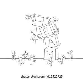 Sketch of little people with broken pyramid. Doodle cute miniature scene of workers about teamwork failure. Hand drawn cartoon vector illustration for business  and finance design.