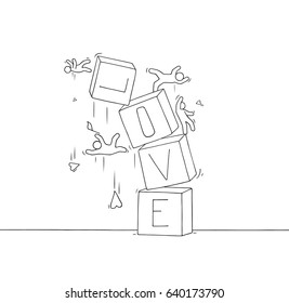 Sketch of little people with broken word Love. Doodle cute miniature scene about divorce. Hand drawn cartoon vector illustration for romantic design.
