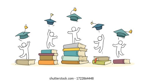 Esbozo de gente pequeña celebra la graduación. La linda escena en miniatura sobre el fin de la universidad. Dibujo manual de ilustración vectorial para la educación.