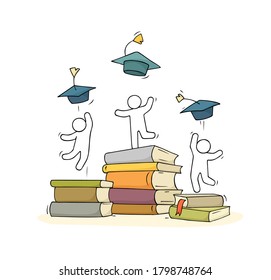 Sketch of little people celebrate graduation. Doodle cute miniature scene about end of college. Hand drawn cartoon vector illustration for education.