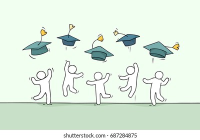 Sketch Of Little People Celebrate Graduation. Doodle Cute Miniature Scene About End Of College. Hand Drawn Cartoon Vector Illustration For Education.