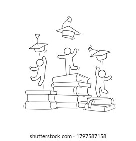 Sketch of little people celebrating graduation. Doodle cute miniature scene about end of college. Hand drawn cartoon vector illustration for education.