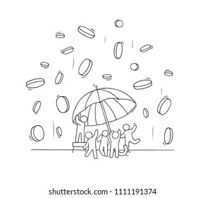 Sketch little people with falling coins and umbrella. Doodle cute scene with money. Hand drawn cartoon vector illustration for finance design.
