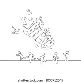 Sketch of little people and falling word Bitcoin. Doodle miniature scene about cryptocurrency. Hand drawn cartoon vector illustration.
